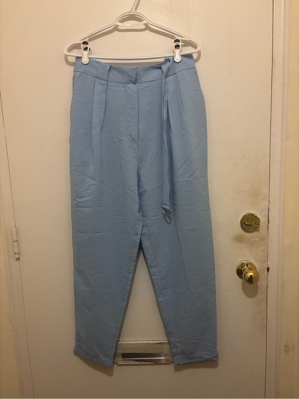 Koton AFARA Light Blue Textured Belted Tapered Pants | Size 42 (Approx. US M/L)